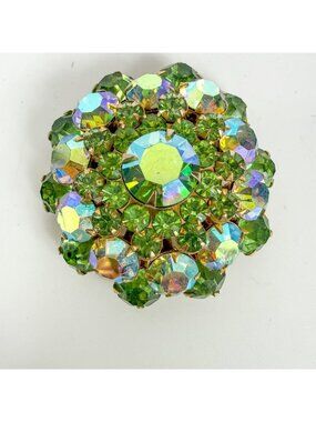Vintage Round Domed Aurora Borealis Uranium Glass Green Rhinestones Brooch